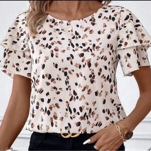 SHEIN Flutter Sleeve Ruffled Blouse in White and Brown